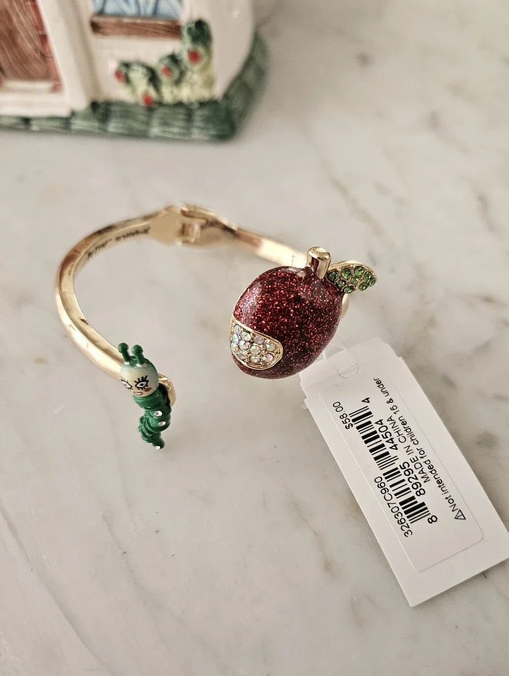 Betsey Johnson Gold Cuff Bracelet with Red Crystal Apple and Green Leaf